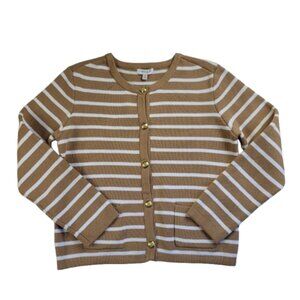 Crown & Ivy Cotton Tan White Striped Button Front Cardigan Sweater Jacket Womens